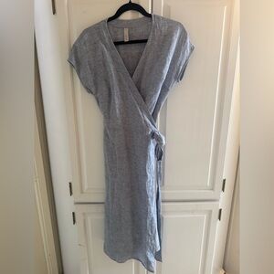 Studio 412  100% linen Wrap Midi Dress in Light Blue